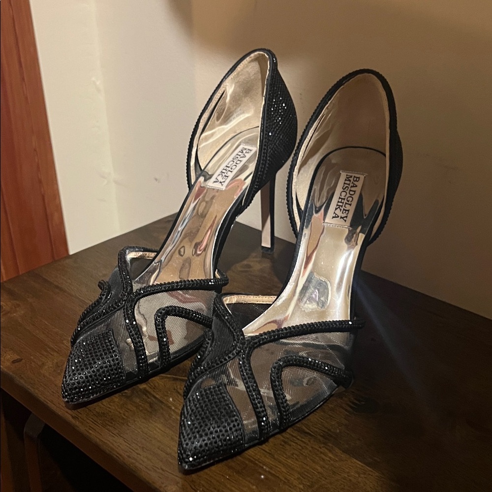 Badgley Mischka Black and Silver Mesh Heels